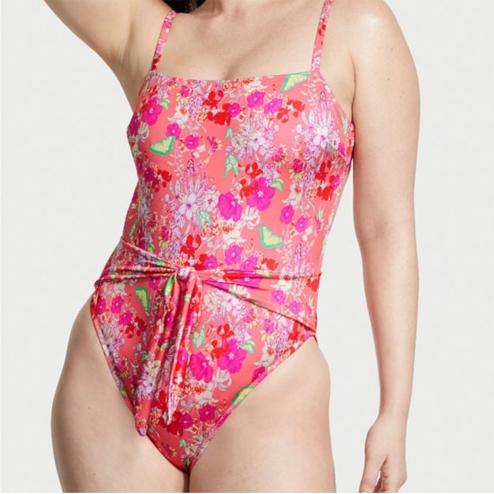 Victoria’s Secret Swim Coral /Pink Floral One Piece Tie Front Swimsuit